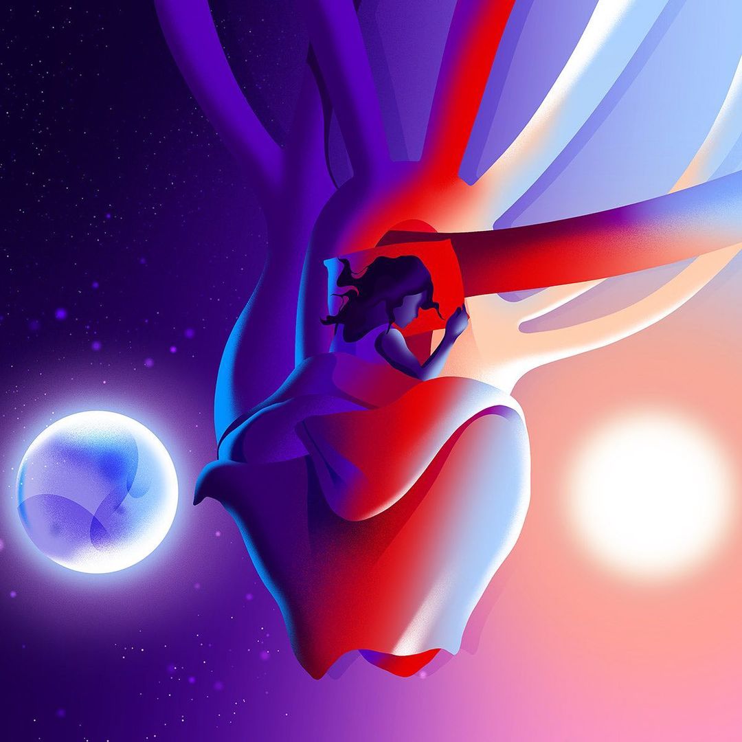 Illustration of a sleeping woman floating on a bed in a surreal setting with a moon, sun, and tree-like structure.