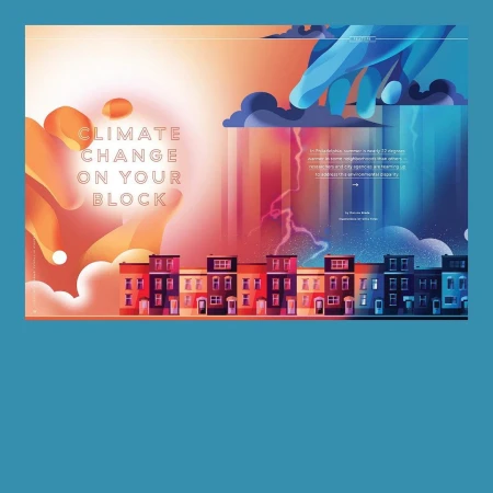 Digital artwork depicting climate change with houses, rain clouds, and lightning on a block with warm to cool color grading.