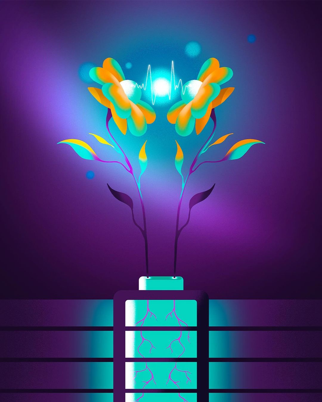 Illustration of two glowing, turquoise and yellow flowers growing from a glowing device against a dark purple background.