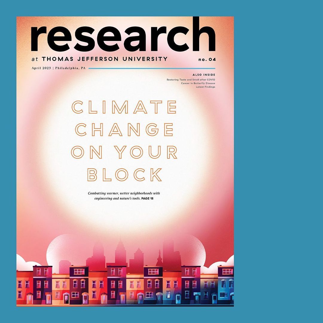Magazine cover illustration featuring colorful row houses, silhouetted cityscape, and the headline 'Climate Change on Your Block'.