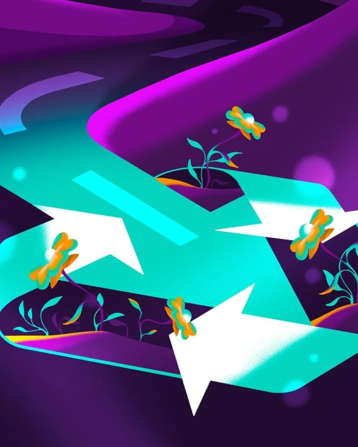 Abstract digital artwork featuring blue and white directional arrows amidst vibrant floral arrangements, set against a gradient purple background.