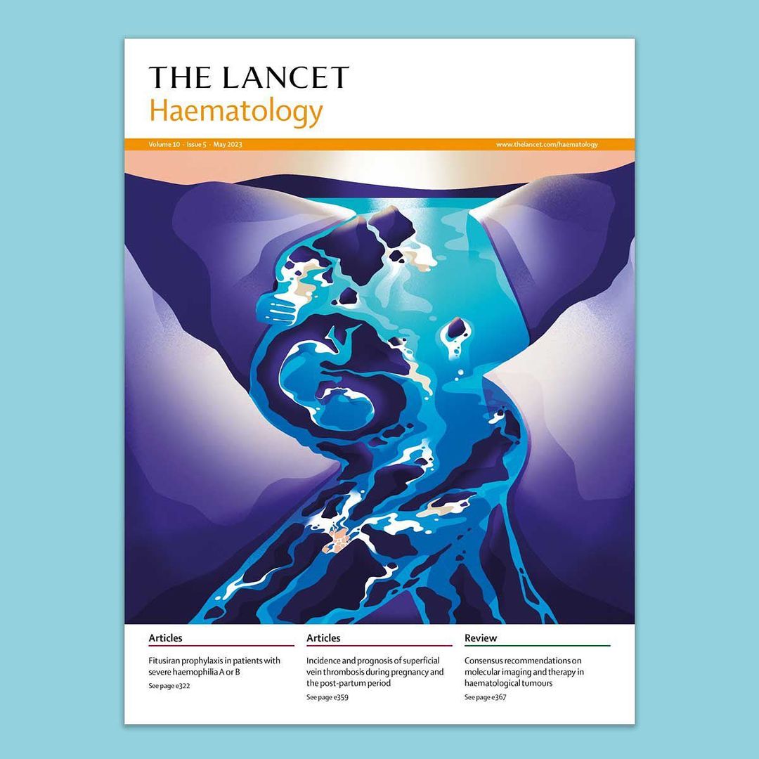 The Lancet Haematology journal cover with a stylized illustration of a river flowing through cliffs in shades of blue and purple.