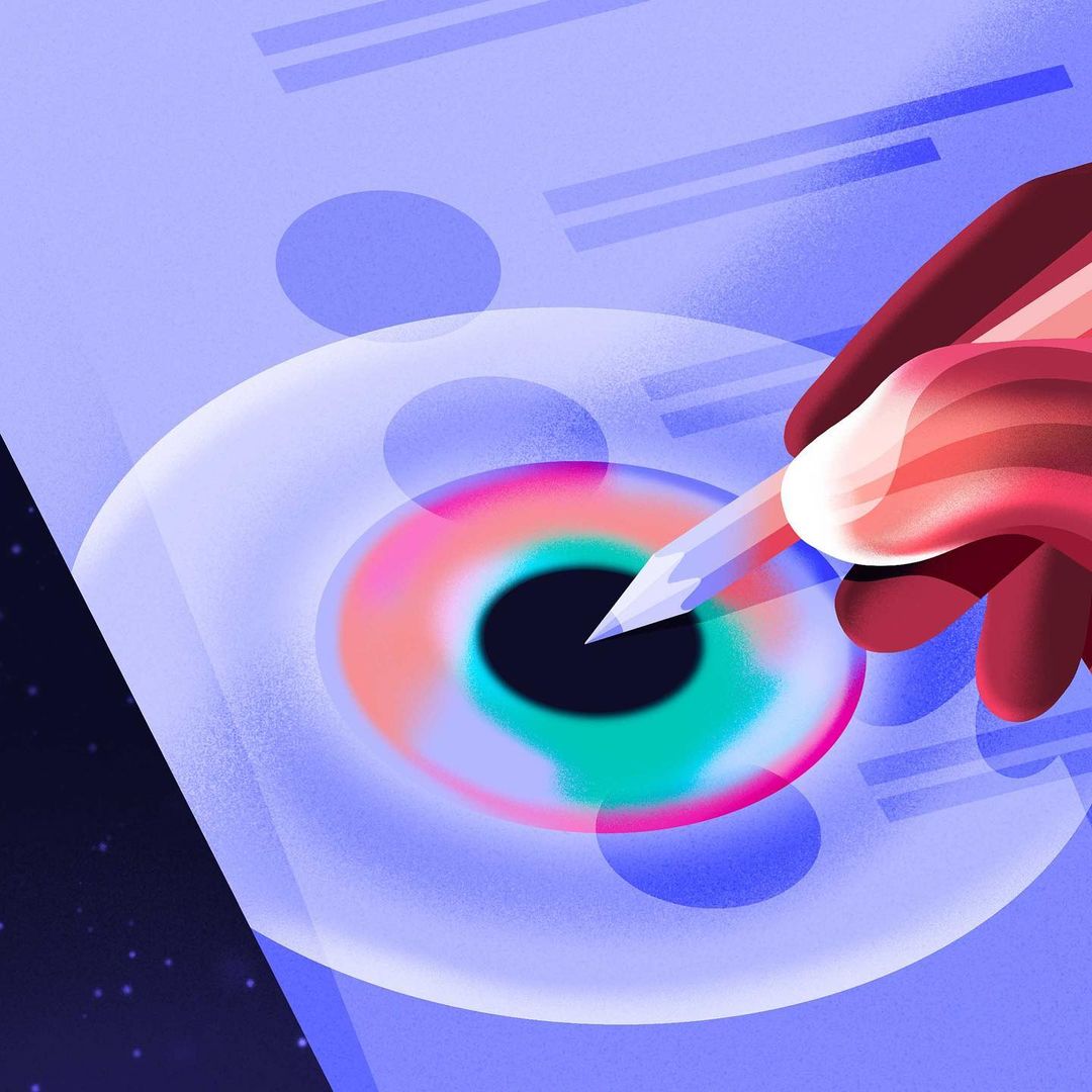 Illustration of a hand holding a pencil, drawing a design with colorful concentric circles, set against a light blue background.