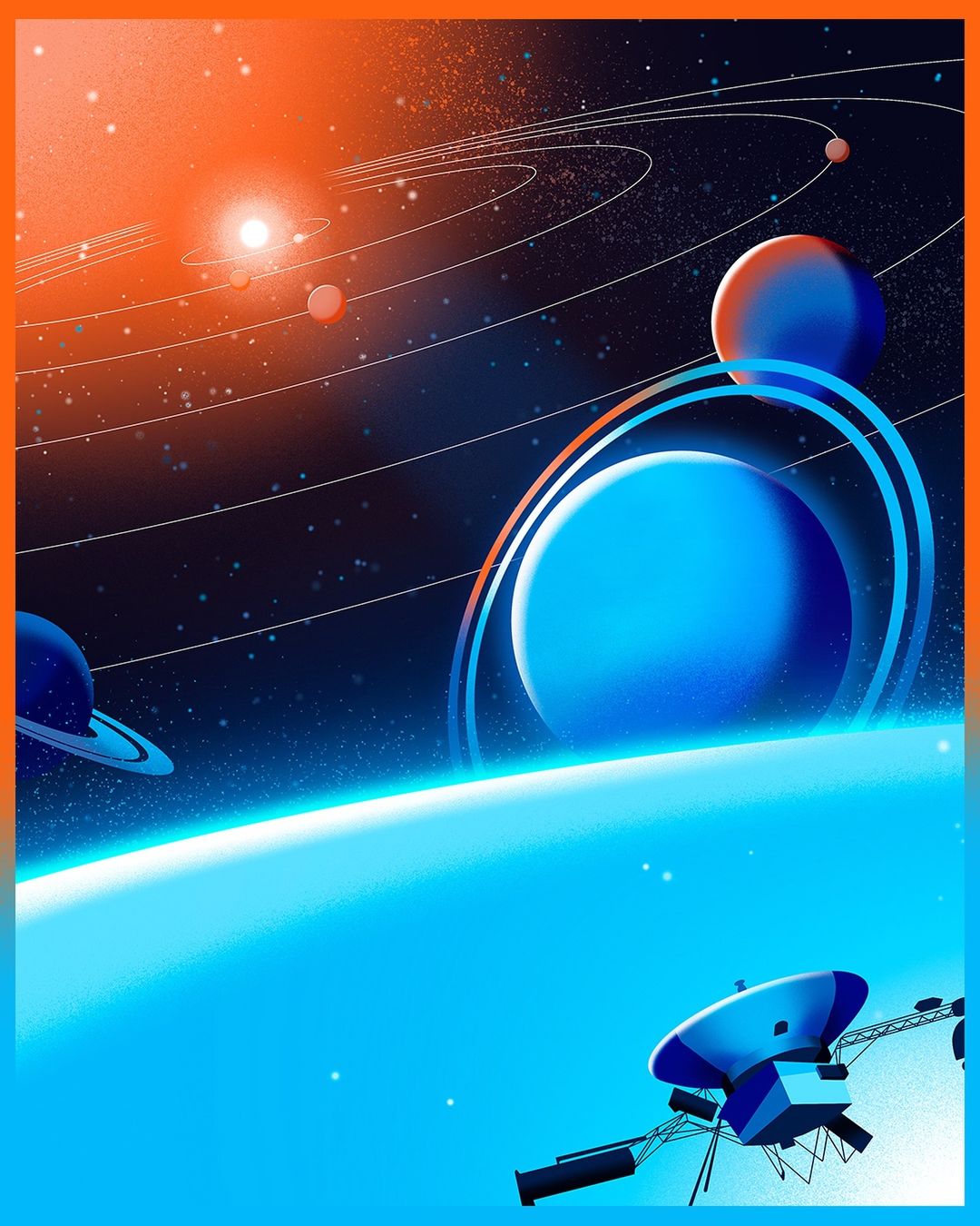 Digital illustration of planets, stars, and satellites in deep space with an orange glow in the top-left and spacecraft in the foreground.