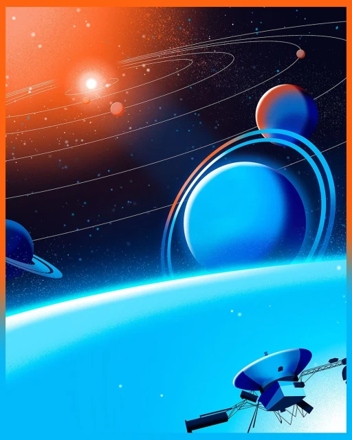 Digital illustration of planets, stars, and satellites in deep space with an orange glow in the top-left and spacecraft in the foreground.