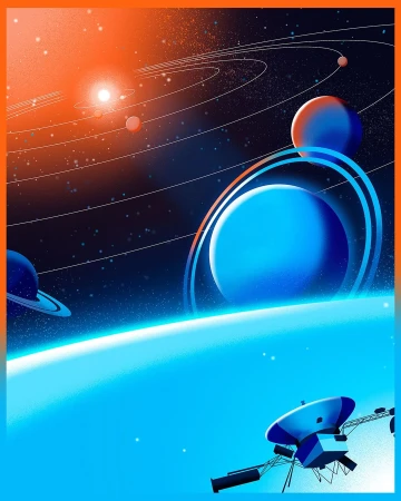Digital illustration of planets, stars, and satellites in deep space with an orange glow in the top-left and spacecraft in the foreground.