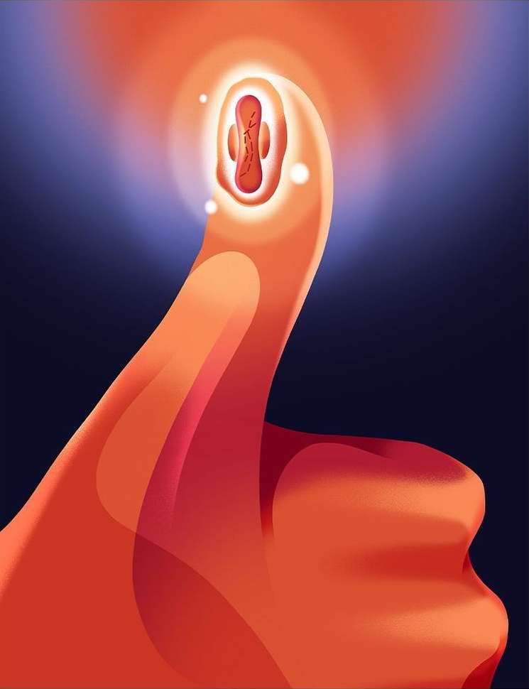 Illustration of an orange hand with a translucent quality, giving a thumbs-up gesture, in front of a blue background with an oval shape.