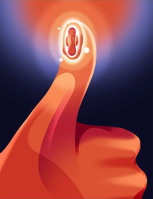 Illustration of an orange hand with a translucent quality, giving a thumbs-up gesture, in front of a blue background with an oval shape.