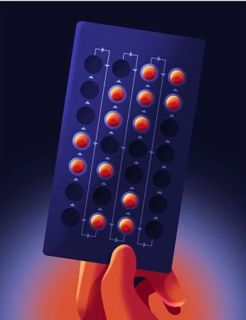 Hand holds a blister pack of pills with a blue background. Pills are arranged in rows and columns with some empty spaces.