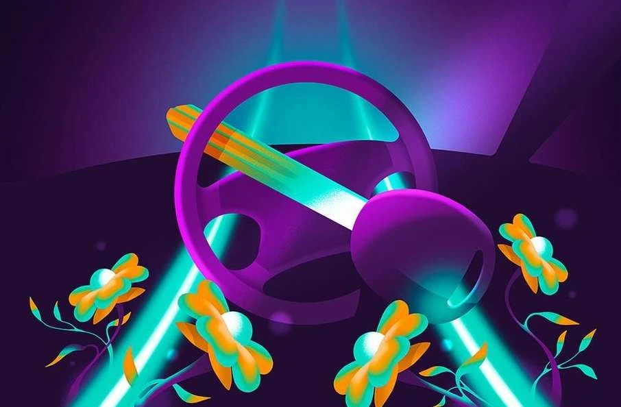 Purple steering wheel and keys with neon floral accents in a digital automotive illustration with teal lighting and a dark backdrop.