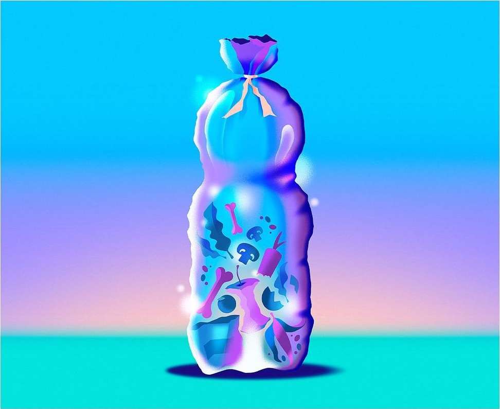 Illustration of a blue gradient garbage bag filled with food waste, including an apple core, mushroom, bones, and leafy greens.