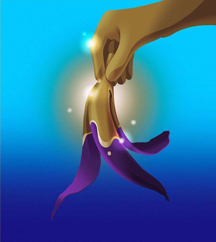 Illustration of a hand holding a peeling banana with gold peel and purple fruit, set against a gradient blue backdrop.