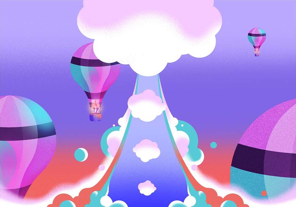 Whimsical illustration of hot air balloons rising through a cloudscape with a colorful gradient backdrop in shades of purple, pink, and coral.