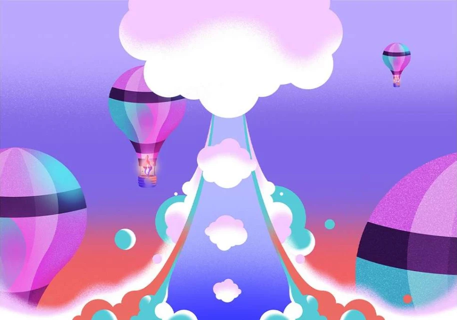 Whimsical illustration of hot air balloons rising through a cloudscape with a colorful gradient backdrop in shades of purple, pink, and coral.