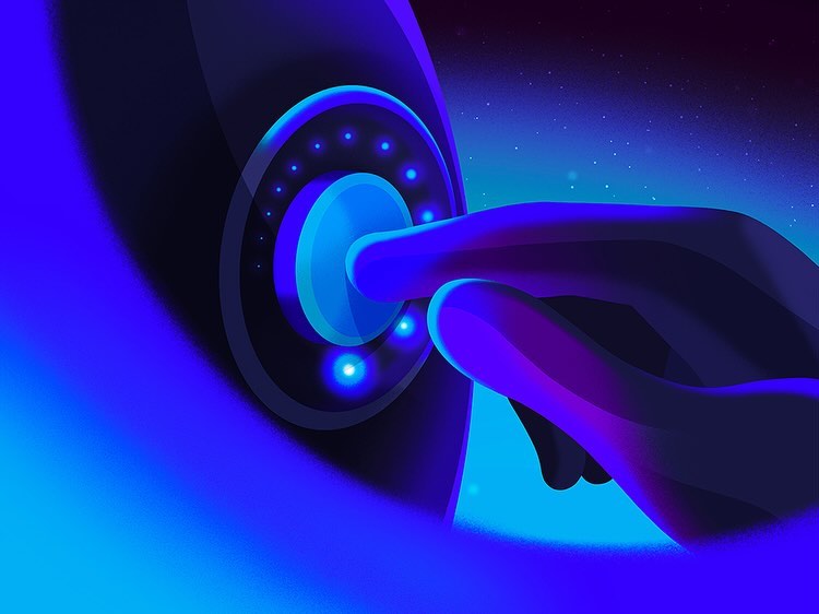 Digital art shows a hand pressing a glowing blue button with smaller lights, against a starry space-like background in cool tones.
