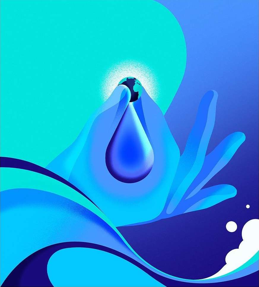 Illustration of hands holding a globe and water droplet over a blue wavy background, symbolizing water conservation.