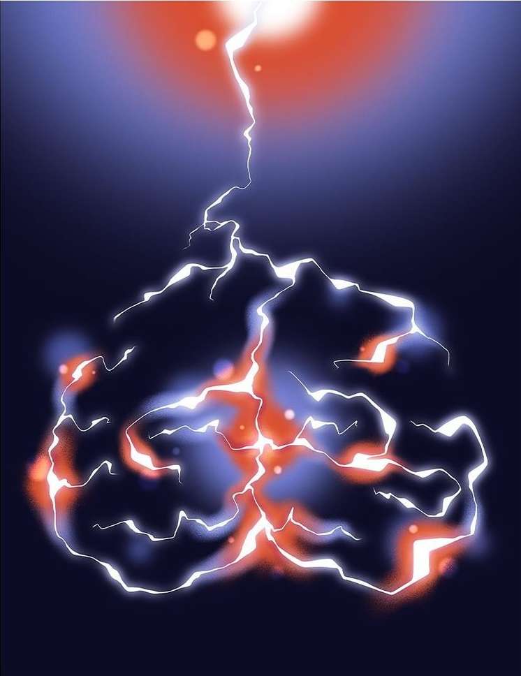 Illustration of a lightning strike with orange and white accents against a dark blue background, showcasing electric energy and weather.