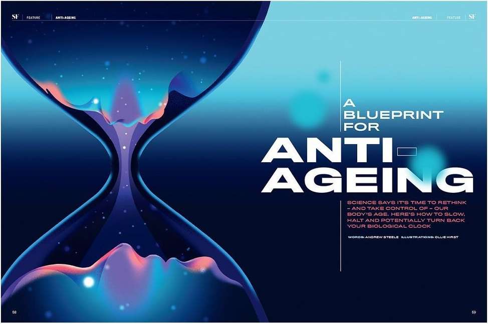 Conceptual illustration for anti-ageing with an hourglass filled with purple and blue liquid against a gradient blue background.