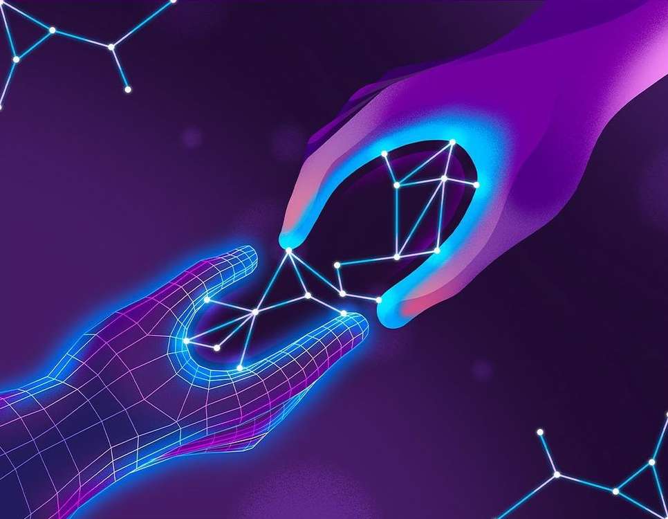 Two hands appear to be interacting with an interactive digital network or data stream. The illustration employs a purple gradient background.