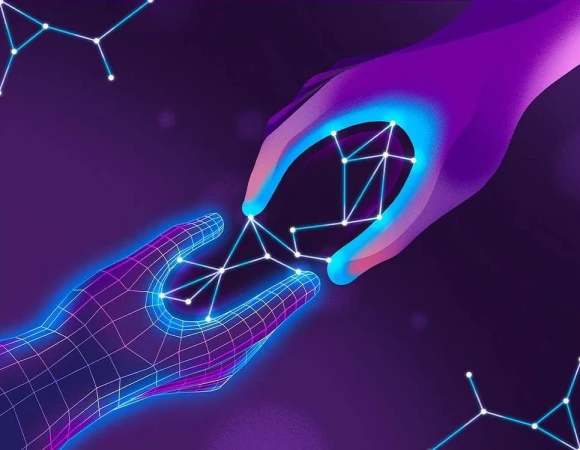 Two hands appear to be interacting with an interactive digital network or data stream. The illustration employs a purple gradient background.