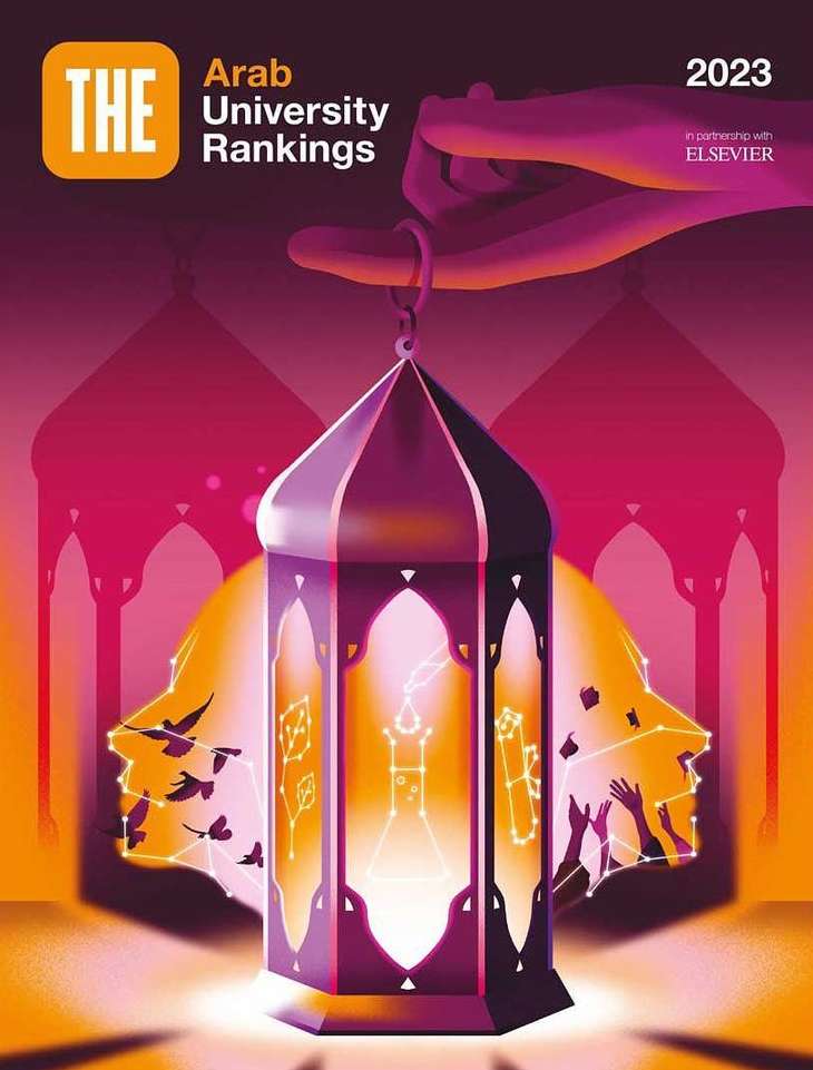 Illustration for Arab University Rankings 2023 featuring a hand holding a lantern against a purple and orange background.