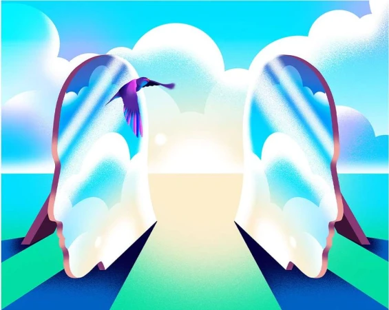 Illustration of two face-shaped portals revealing a sky with clouds and a bird flying through one of the portals.
