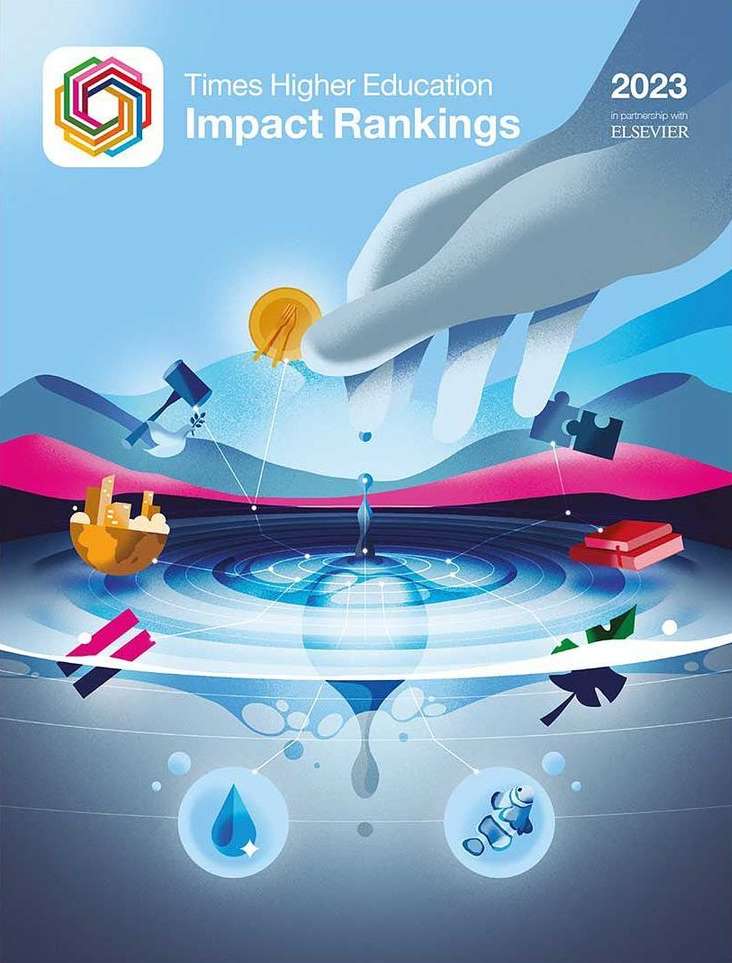Times Higher Education Impact Rankings 2023 cover with water ripple effect, symbolic objects like puzzle pieces and water drops, and hand illustration.