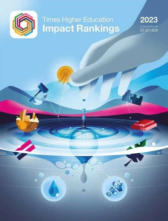 Times Higher Education Impact Rankings 2023 cover with water ripple effect, symbolic objects like puzzle pieces and water drops, and hand illustration.