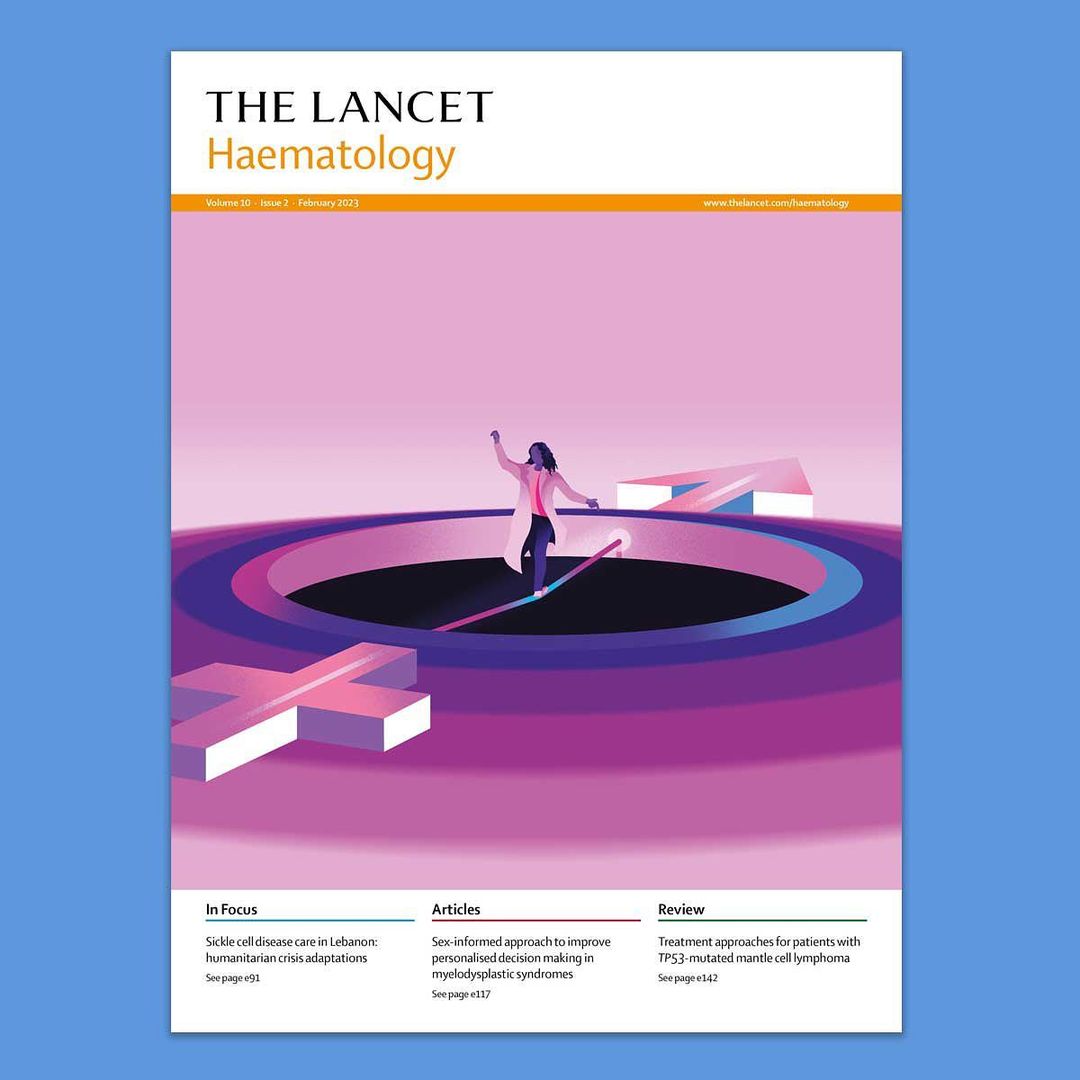 Magazine cover illustration: A healthcare worker balances on a line above a circle, symbolizing healthcare and gender equality themes.