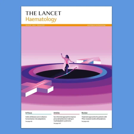 Magazine cover illustration: A healthcare worker balances on a line above a circle, symbolizing healthcare and gender equality themes.