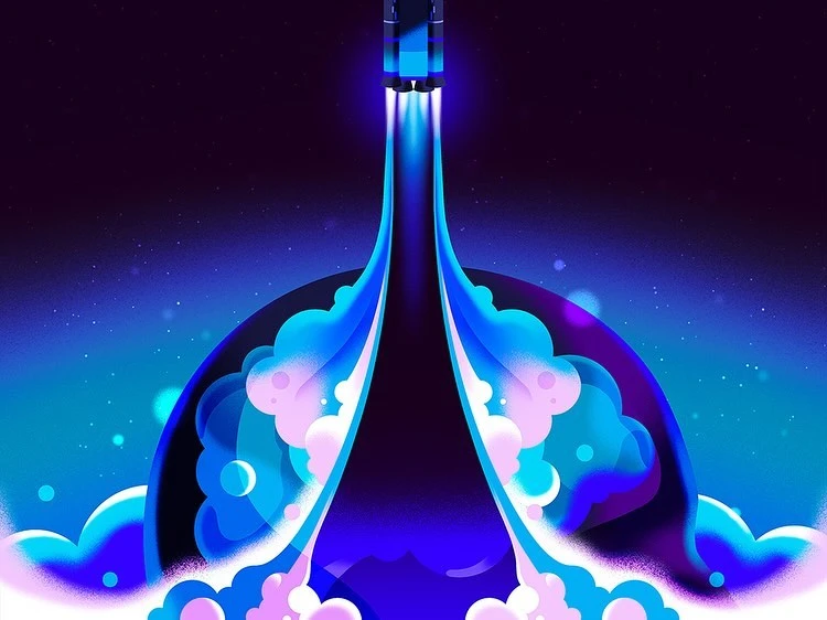 Illustration of a rocket ship launching from a vibrant, stylized planet surface against a dark blue cosmic background.