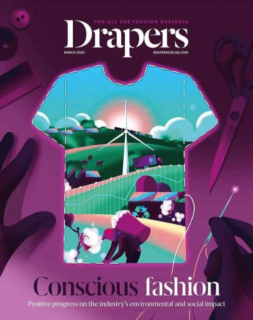 Drapers magazine cover with a T-shirt shape framing a landscape of wind turbines, solar panels, and cotton plants. Hands with a needle.