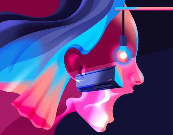Abstract digital art: Woman's face in profile with an air conditioner in place of her mouth, bright colors, lightbulb above.