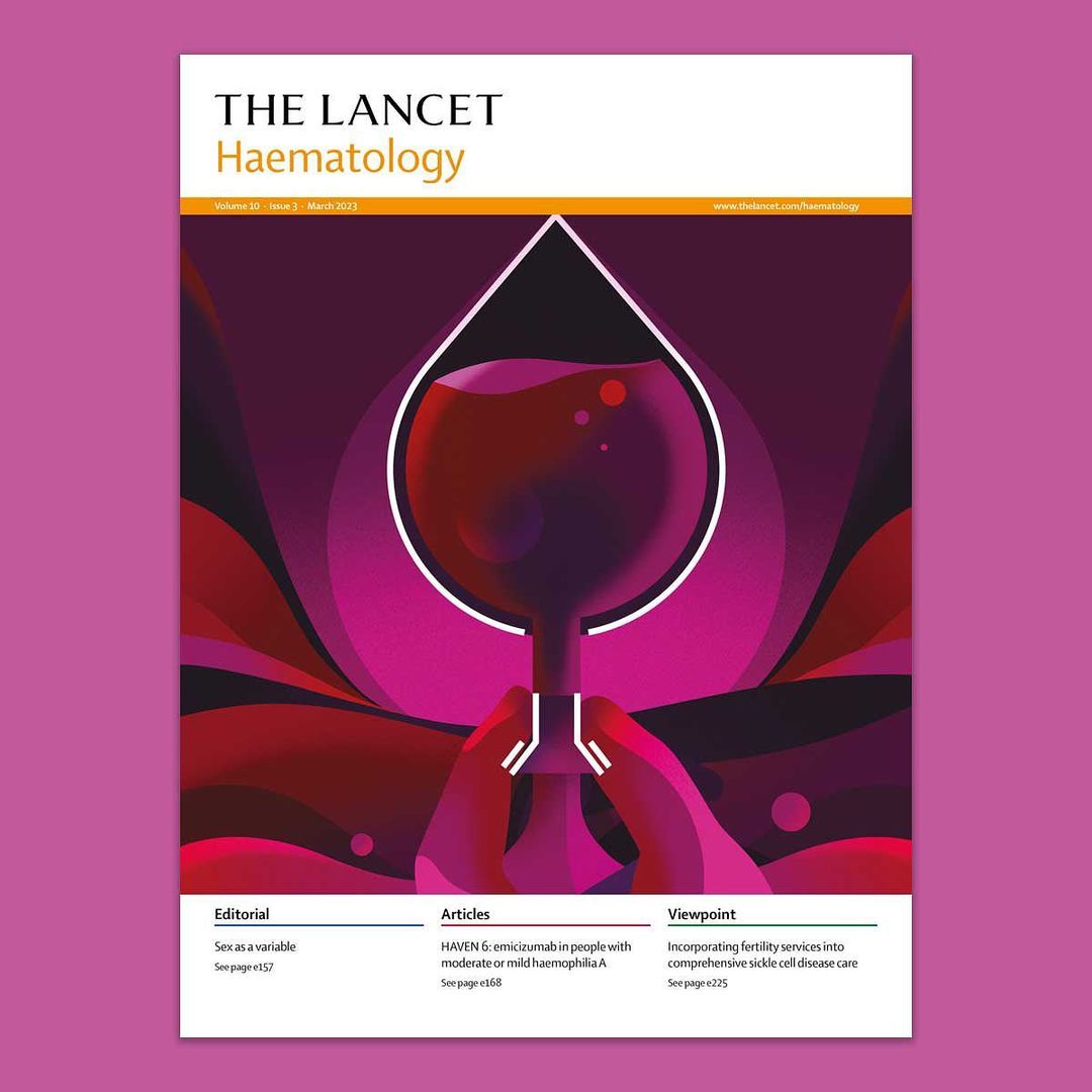 The Lancet Haematology journal cover features a stylized illustration of hands holding a blood drop, with a deep red and pink color scheme.
