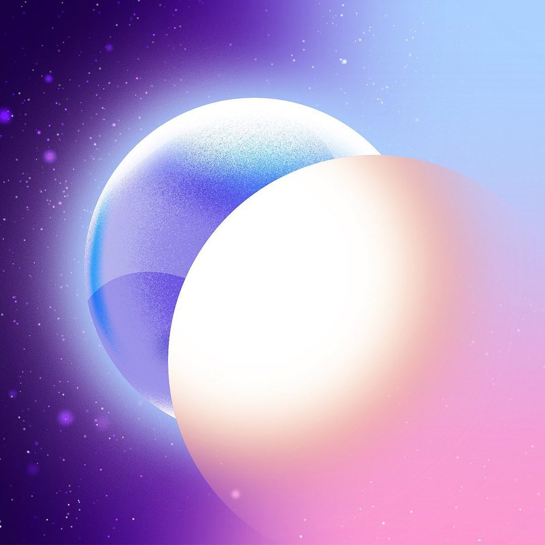 Abstract digital rendering with overlapping spheres in white, peach, and purple against a star-speckled background.