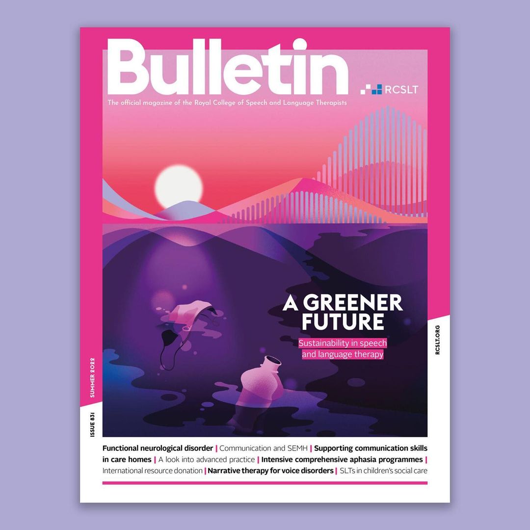 Magazine cover of Bulletin featuring an illustration of a landscape with a rising sun and text 'A Greener Future'.