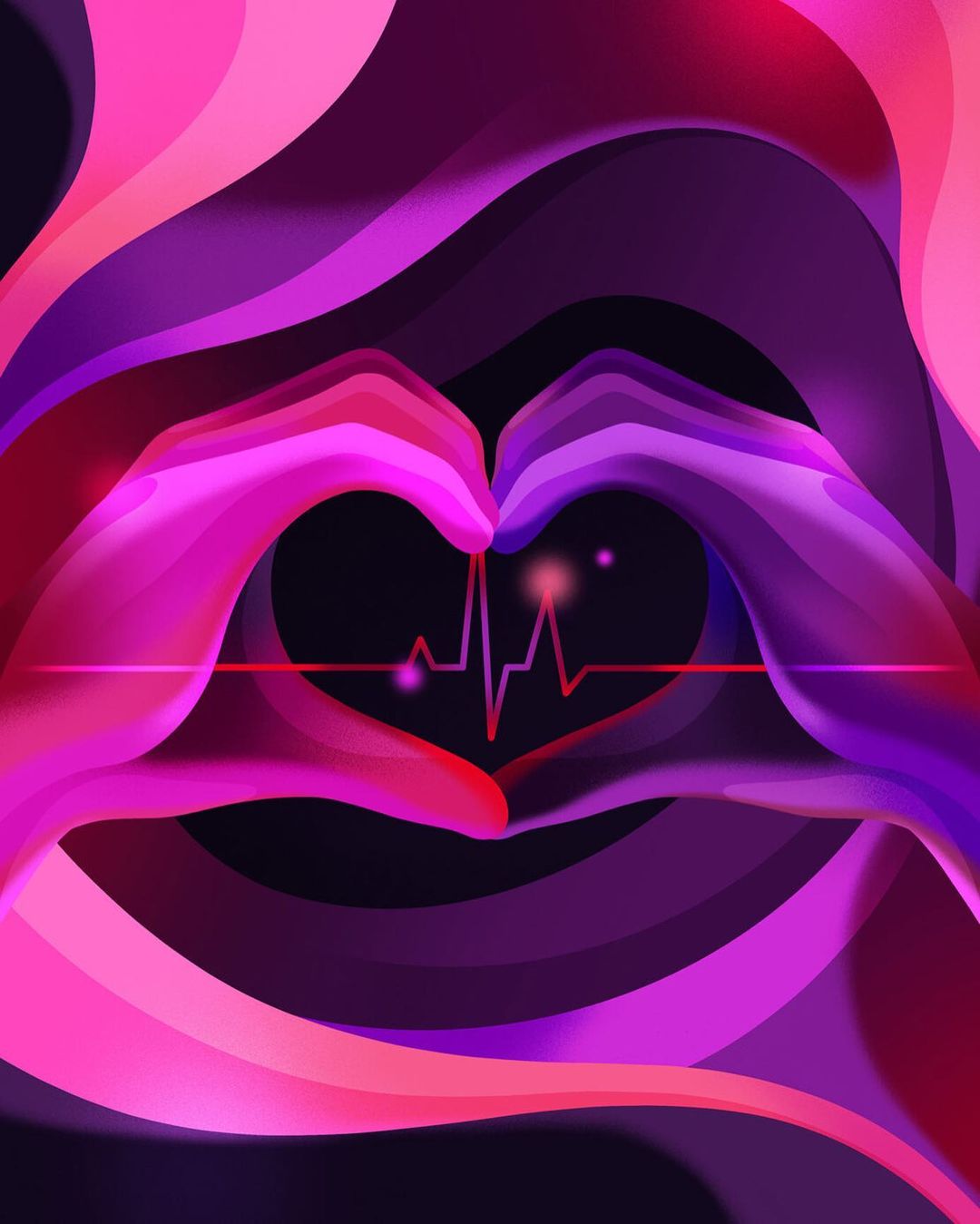 Heart hands graphic with a pulse line, set against a purple and pink background. Heart shaped hands with graphic design.