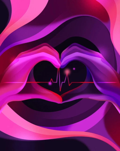 Heart hands graphic with a pulse line, set against a purple and pink background. Heart shaped hands with graphic design.