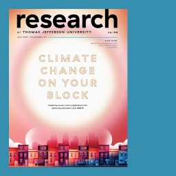 Magazine cover illustration titled Research featuring a glowing sun over a city skyline and row houses.