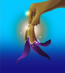 Digital illustration by Ollie Hirst showing a stylized hand holding a peeling purple banana against a blue background.