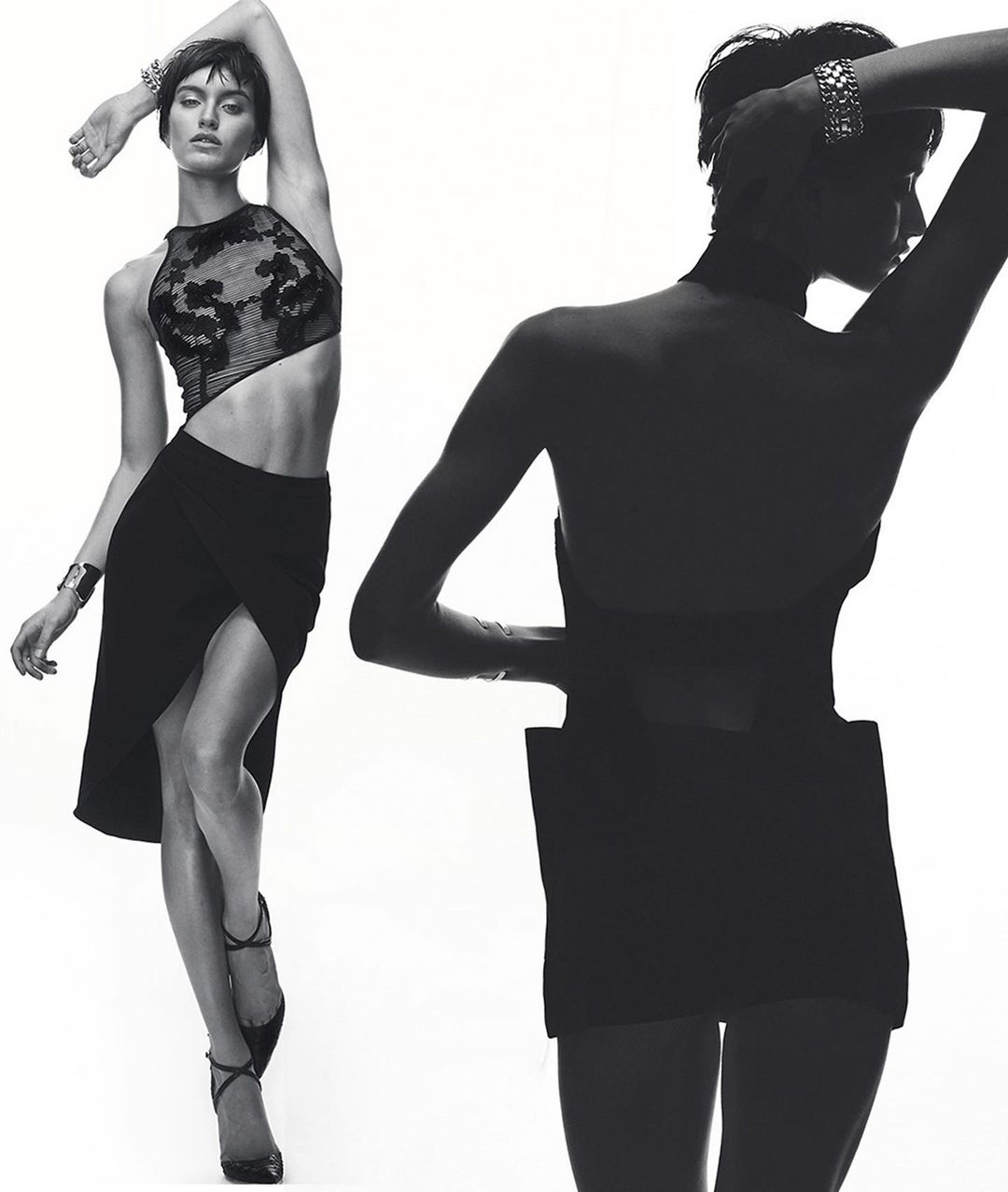 Two fashion models pose in a black and white studio image, wearing a black crop top and a skirt, in a portrait orientation.