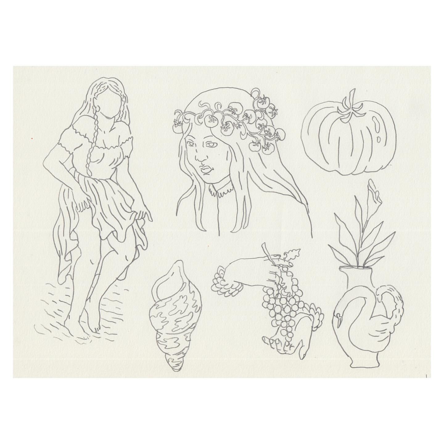 Black and white illustration of a woman, pumpkin, swan vase, grapes, and seashells arranged on a light background.