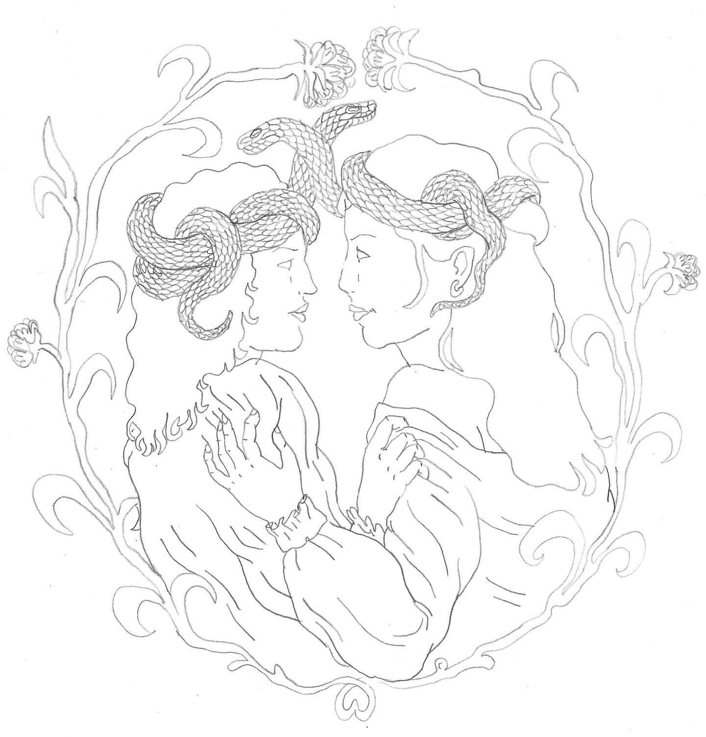 Line art illustration featuring two people with snakes in their hair, facing each other, framed by floral elements in an off-white tone.