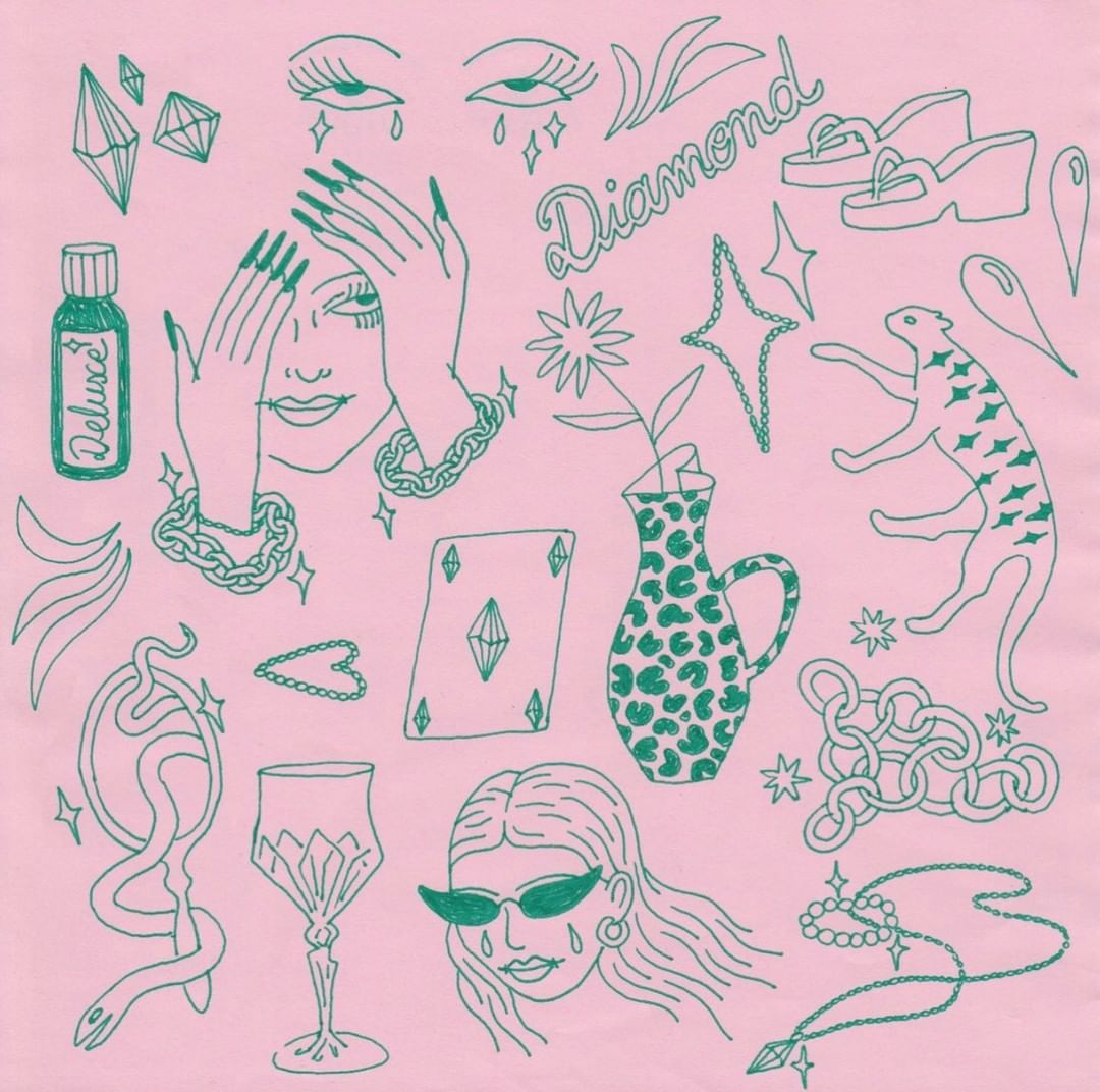 Illustration on pink background featuring a woman's face with long nails, along with drawings of jewelry, shoes, flowers, and a panther.