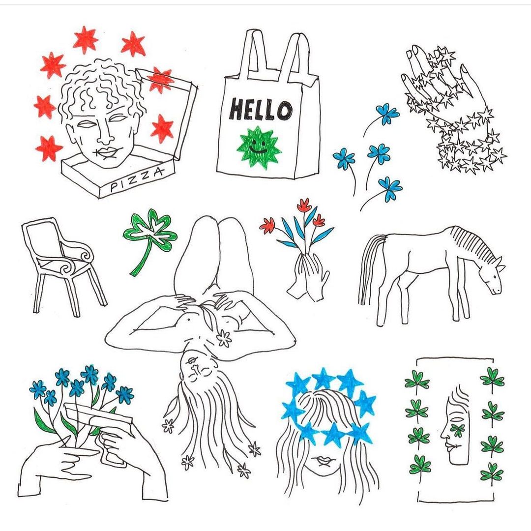 Surreal line art features faces, hands, flowers, and everyday objects in a whimsical, dreamlike collage against a white background.