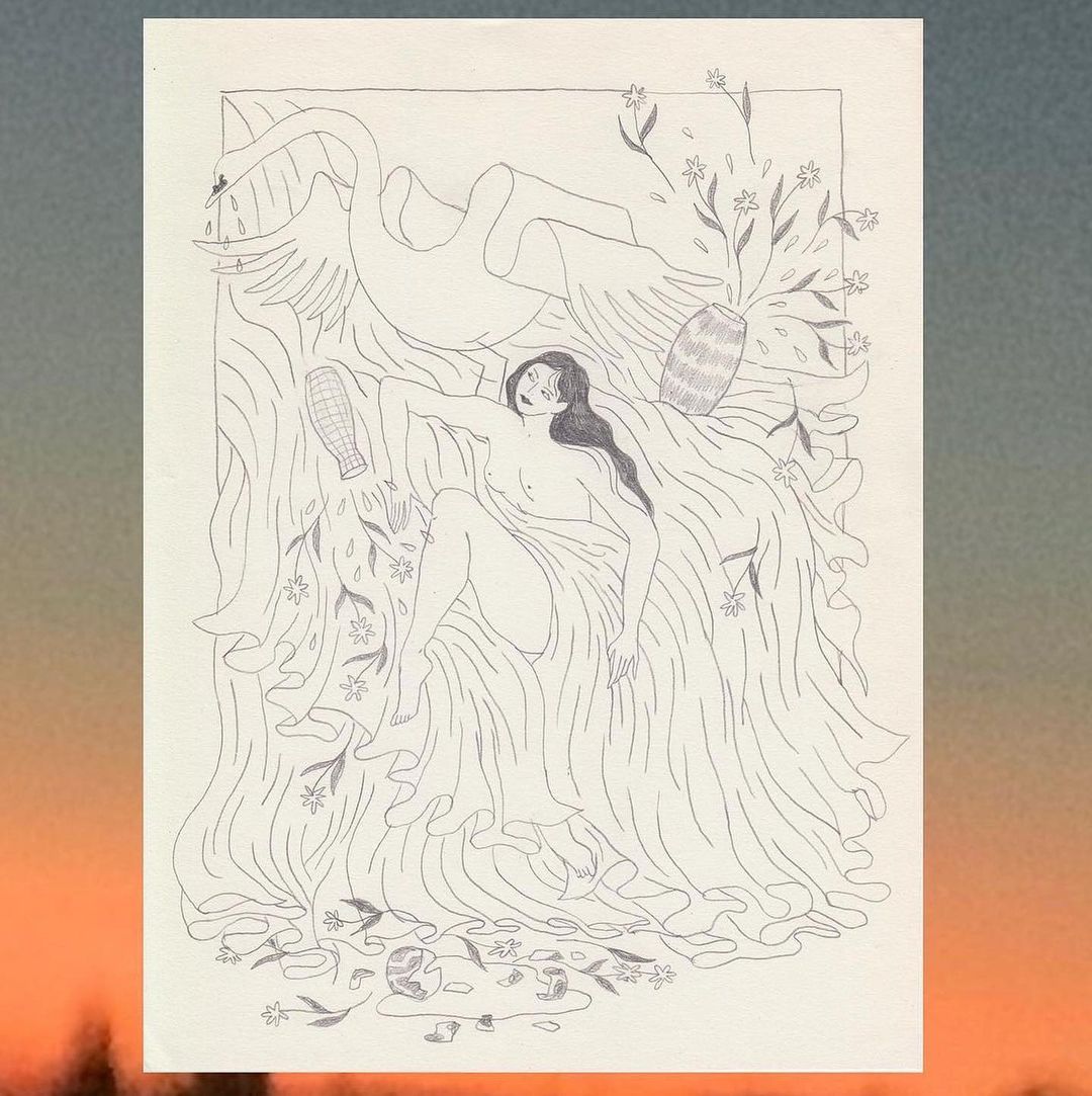 Detailed black-and-white sketch of a woman reclining with a swan above, vases, and flowers set against a soft-blurred sunset backdrop.