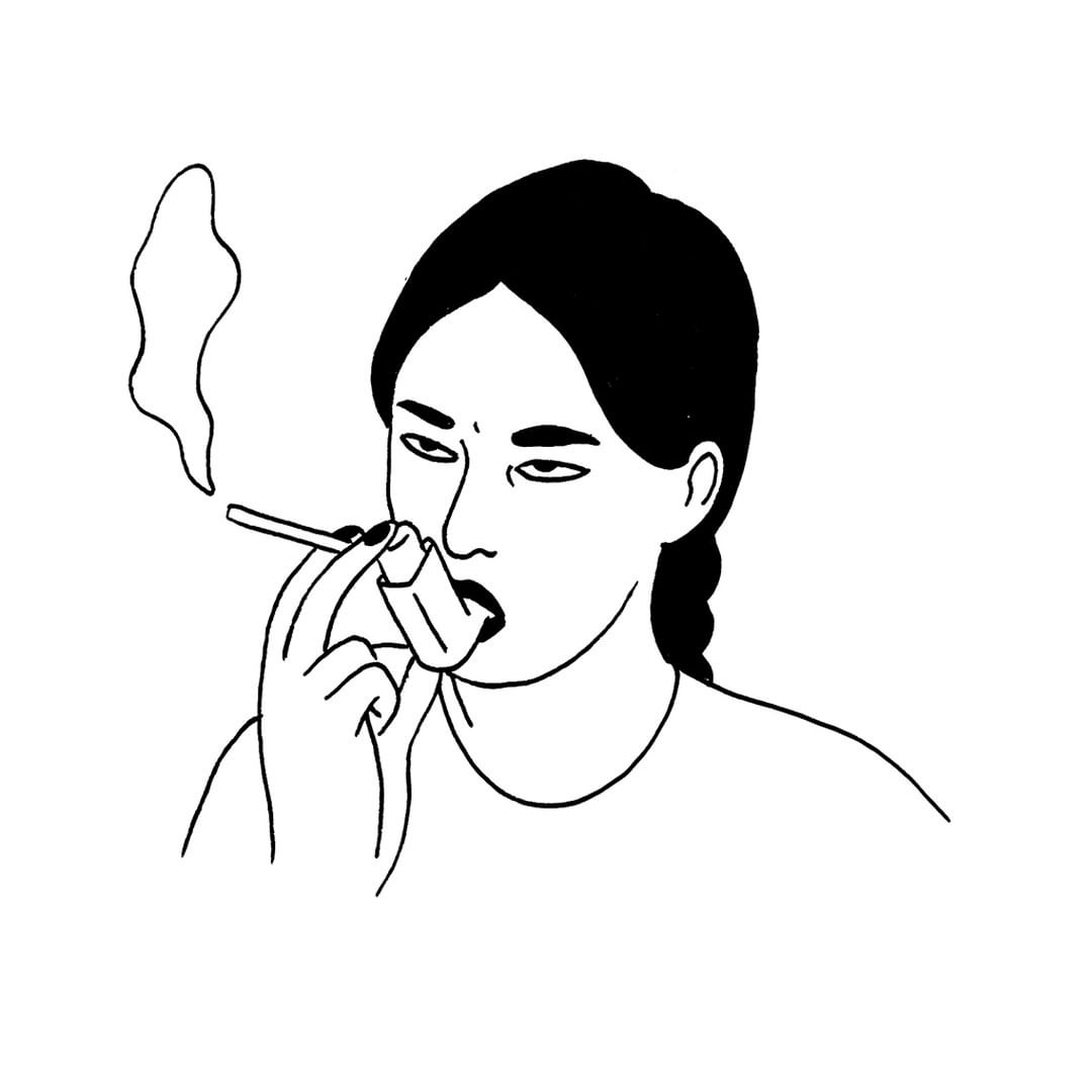 Illustration of a woman smoking a cigarette with a filter, rendered in black and white linework on a white background.