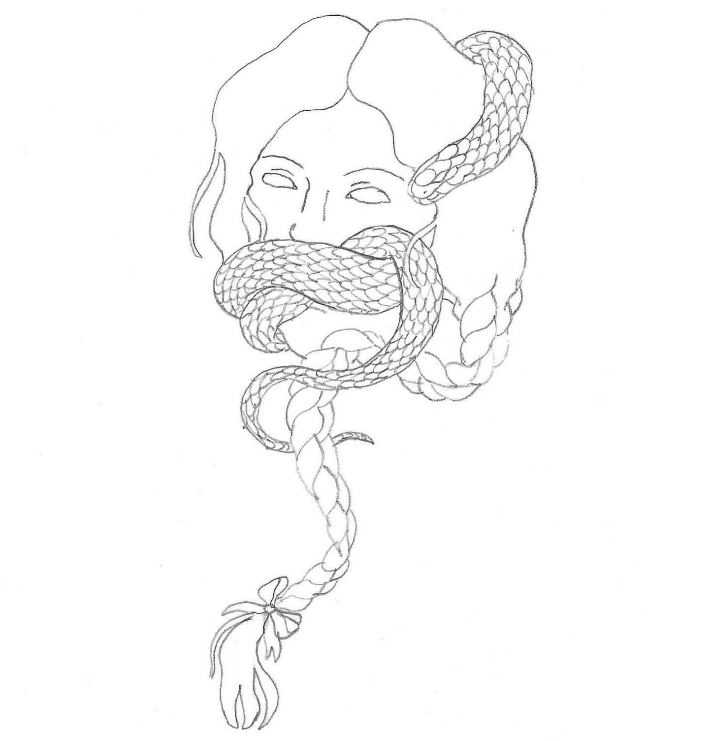 Illustration of a woman's face with a snake wrapped around her mouth and a ribbon-tied braid extending downward in black and white.