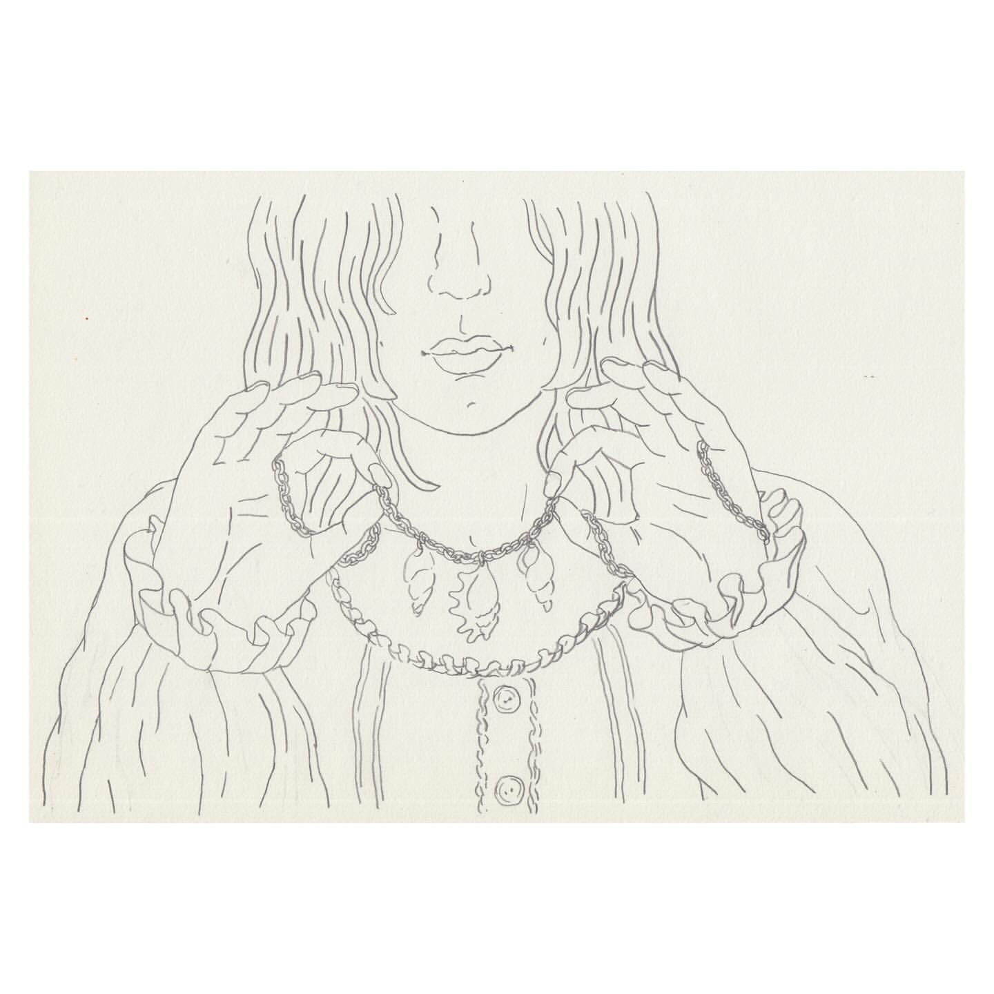 Illustration of a person holding a shell necklace, with hair covering the face and wearing a collared shirt, art style.