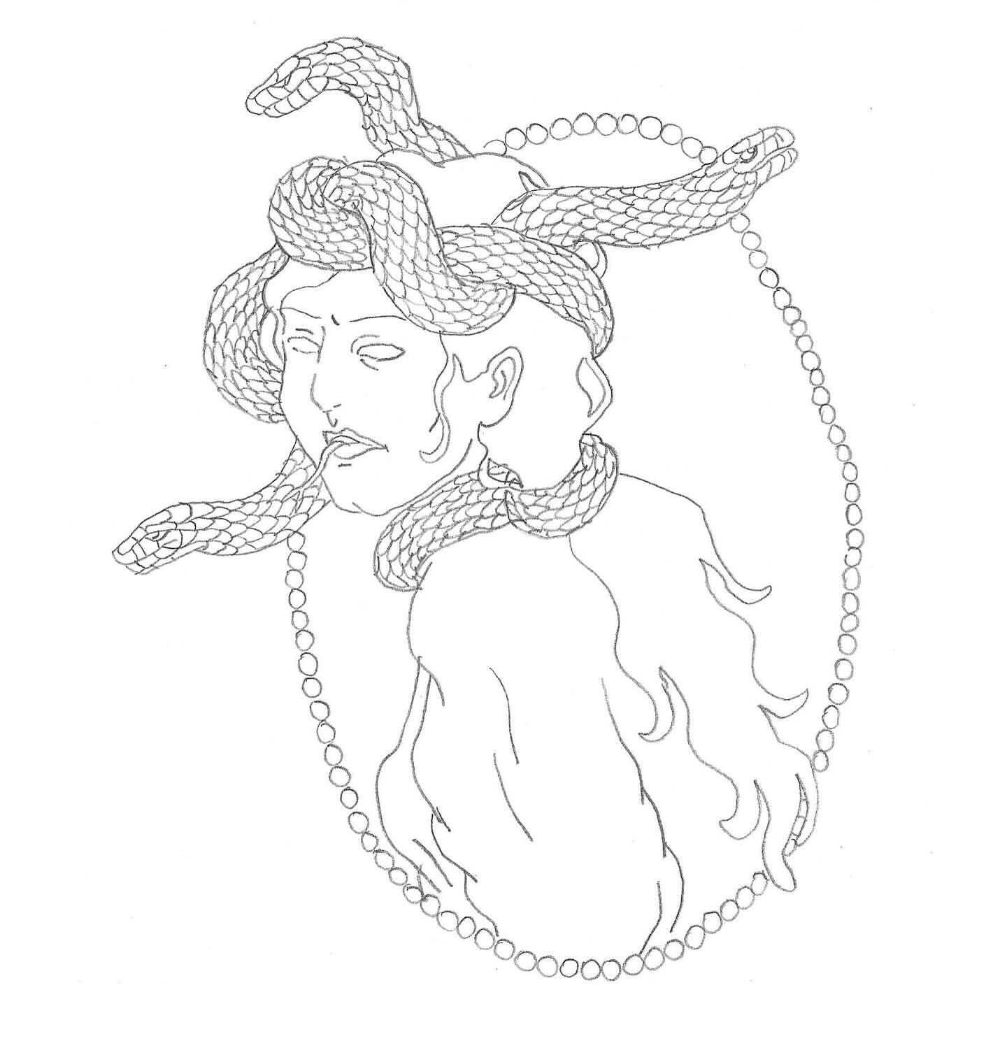 Illustration of Medusa with snakes for hair and a pearl necklace against a white background in a black and white drawing.